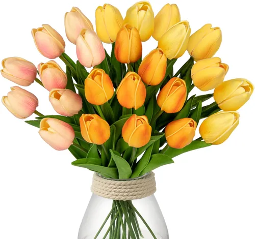 Miniatura 10 de 20 tulipanes artificiales mixcolor de tacto real, flores falsas para el día de la madre, 13.5 pulgadas, tulipanes sintéticos, flores artificiales a