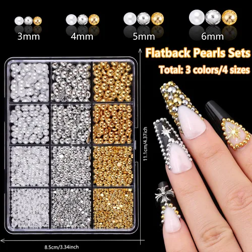 Miniatura 3 de Kit de polvo de uñas cromado con dijes de perlas de parte trasera plana, brillo de uñas cromado plateado, polvo de uñas cromado dorado para diseño