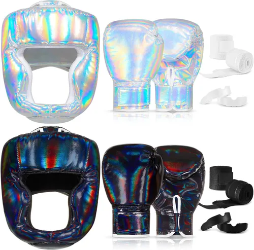 Miniatura 9 de Kanayu Juego de 14 piezas de guantes de boxeo de 16 onzas, casco para la cabeza, envolturas de mano, protectores bucales, equipo de Navidad