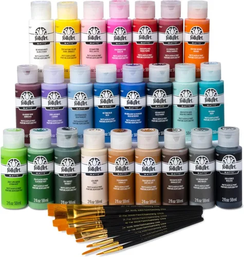 FolkArt 99445 Juego de pintura acrílica para manualidades con 24 botellas con 10 pinceles de 2 onzas, los colores pueden variar