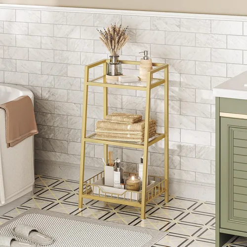 Miniatura 4 de HOOBRO Soporte de estante de vidrio dorado, unidad de estante de pie de 3 niveles, organizador y almacenamiento de baño, estantes de almacenamiento