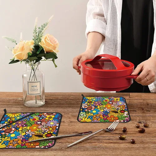 Miniatura 6 de Juego de 2 soportes para macetas abstractas hippie, resistentes al calor, para microondas, hornear, horno, platos finales y barbacoa Flor hippie