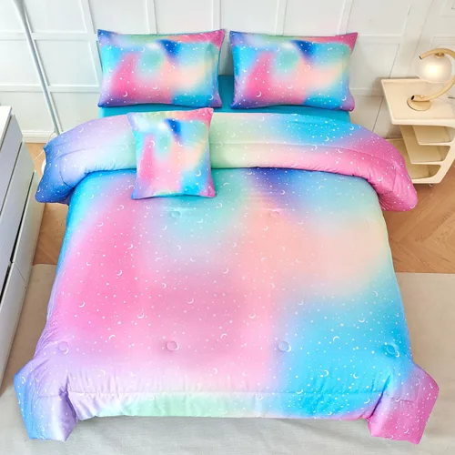 Miniatura 15 de URBONUR Juego de 6 piezas de edredón con brillo degradado para niñas, tamaño completo, ropa de cama de galaxia azul para niños, juego de edredón