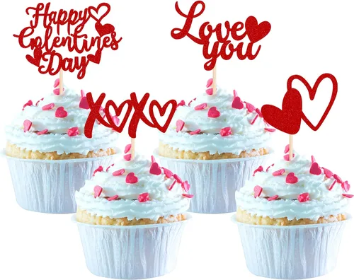 Miniatura 37 de Paquete de 24 adornos para cupcakes con purpurina en forma de corazón con temática de amor dulce, decoración de pasteles para el día de San