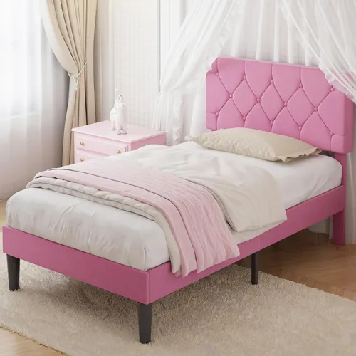 Miniatura 17 de VECELO Base de cama tamaño individual con cabecera capitoné con botones, base de cama tapizada con soporte de listones de madera, no necesita Beige