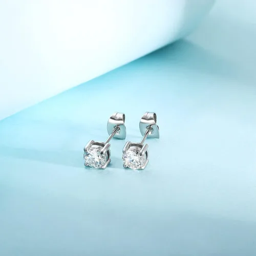 Miniatura 3 de Juego de aretes de tuerca de moissanita de acero 316L de 4 puntas redondas de moissanita con diamantes para mujeres y hombres
