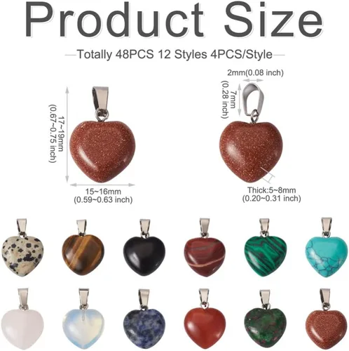 Miniatura 3 de FASHEWELRY 48 colgantes de piedra en forma de corazón, 12 estilos mezclados, naturales y sintéticos, dijes de cristal de chakra curativo para hacer