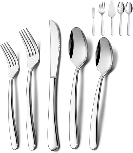 HaWare Juego de cubiertos de alta resistencia, 45 piezas de cubiertos de acero inoxidable con utensilios para servir, vajilla de peso para 8,