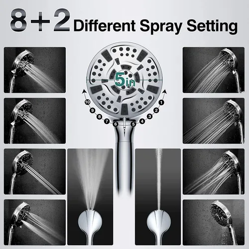 Miniatura 4 de Moderno cabezal de ducha de acero inoxidable de 9 ajustes con mano, cabezal de ducha grande de 5 pulgadas y manguera de 60 pulgadas, 8 modos
