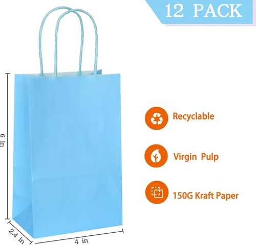 Miniatura 2 de AZOWA Bolsas de regalo de color azul claro, mini bolsas de papel kraft con asas para recuerdos de fiesta (4 x 2.4 x 6 pulgadas, azul, 12 unidades)