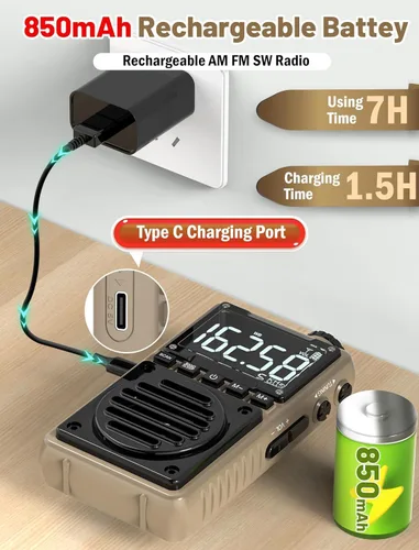 Miniatura 3 de Radio digital AM FM de banda meteorológica de 851 mAh, radio de bolsillo portátil recargable con la mejor recepción, linterna, pantalla LCD, clip