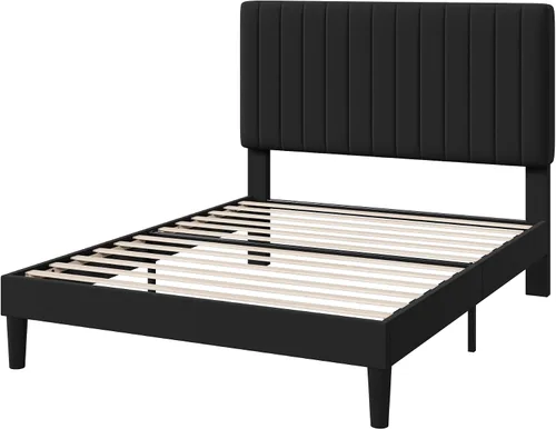 HOOMIC Twin Bed Frame, Velvet Upholstered Platform Bed with Adjustable Vertical Channel Tufted Headboard, Mattress Foundation with Strong Wooden