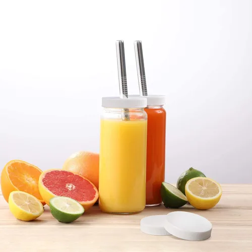 Miniatura 6 de Paquete de 8 botellas de vidrio para jugo con 2 popotes y 2 tapas con agujero, tarros de viaje de 16 onzas, vasos de agua con tapas herméticas Tapas