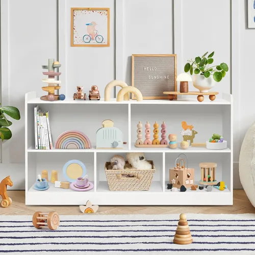 Estante Montessori, organizador de almacenamiento de juguetes de madera para libros, juguetes, estantería de 2 estantes, gabinete de almacenamiento