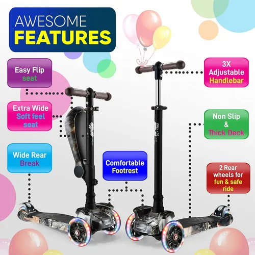 Miniatura 2 de Hurtle Patinete de 3 ruedas para niños, luces LED de ruedas, manubrio ajustable de inclinación para dirigir y asiento plegable, paseo sentado