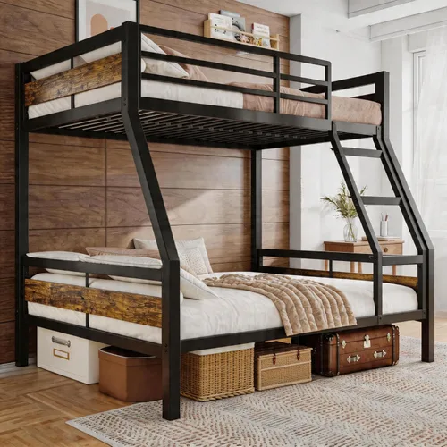 Miniatura 16 de Einhomn Litera matrimonial sobre matrimonial, cama de metal resistente con escalera y barandilla de longitud completa, espacio de almacenamiento