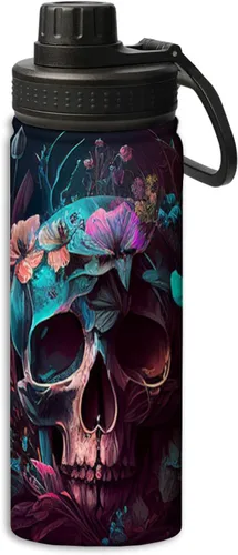 Miniatura 11 de OOZ Calavera y flores patrón 18 oz deportes aislados botellas de agua de acero inoxidable para correr, senderismo, ciclismo, escalada, negro Negro 8