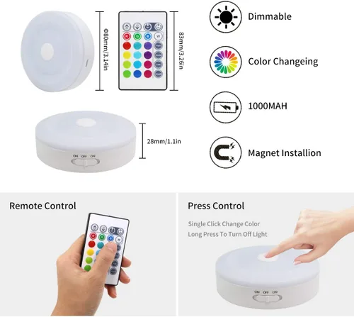 Miniatura 3 de Bason - Luminarias redondas recargables con control remoto, con luces que cambian de color. Iluminación LED ideal para colocar debajo de gabinetes.