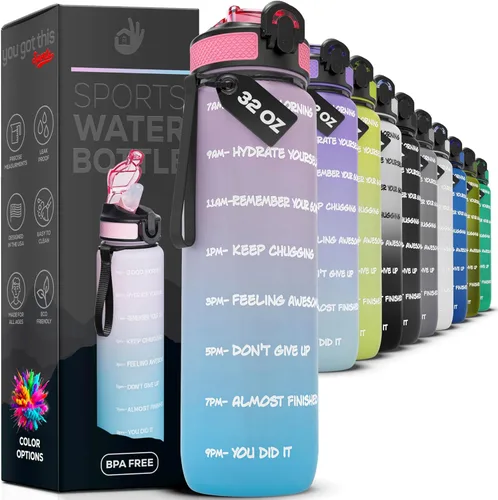 Miniatura 7 de Botella de agua motivacional de 32 onzas con marcador de tiempo, botella deportiva con boquilla para mantenerte hidratado todo el día, a prueba