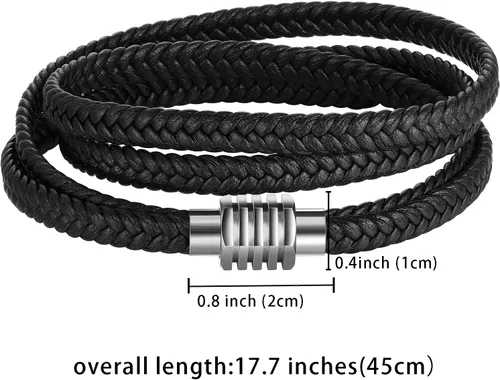 Miniatura 6 de Pulsera de cuero para hombre, pulsera trenzada negra de acero inoxidable, pulsera ajustable de protección multicapa para mujer
