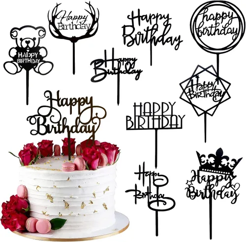 Juego de 20 adornos acrílicos negros para tartas de cumpleaños, para niños, niñas, mujeres, hombres, suministros de decoración de fiesta de