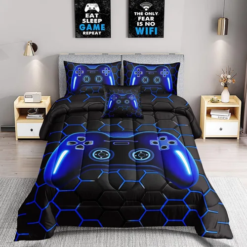 ROWADALO Juego de ropa de cama en una bolsa de 5 piezas para niños y adultos, juego de edredón para jugadores, juego de cama individual con edredón,
