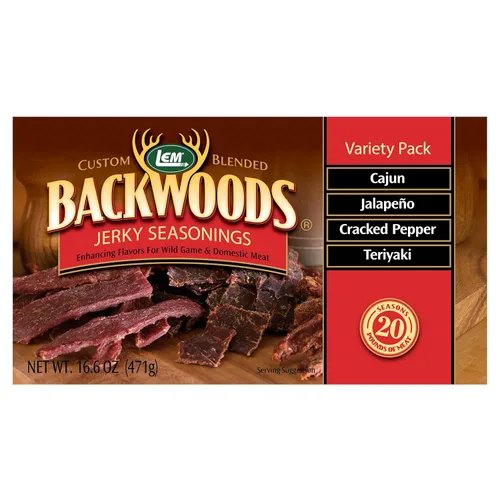 LEM Products Backwoods Charqui Condimento paquete surtido, incluye sabores cajún, jalapeño, pimienta agrietada y teriyaki, ideal para caza