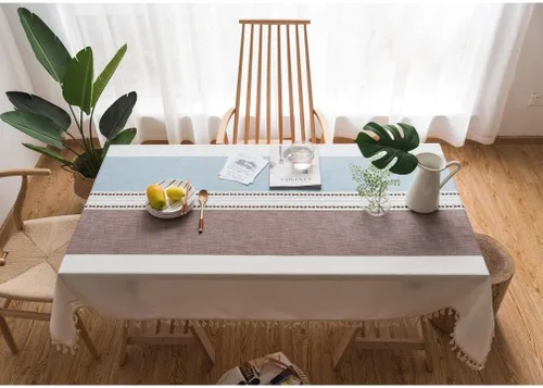Miniatura 2 de Pahajim Mantel Rectangular a Rayas con Borlas Mantel Grueso de Lino y Algodón para Picnic al Aire Libre, Comedor y Decoración de Cocina para Fiestas
