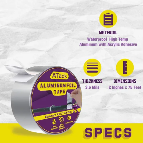 Miniatura 2 de ATack Cinta adhesiva reflectante de papel de aluminio, 2 pulgadas x 75 pies, 3.6 mil, cinta HVAC de aluminio de alta temperatura y resistente