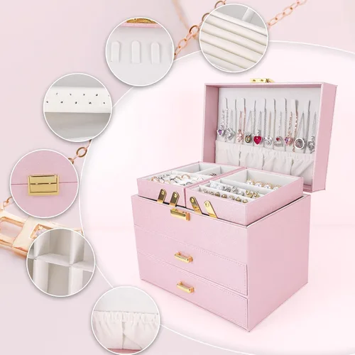 Miniatura 4 de Dajasan Cajas de joyería para mujeres y niñas, organizador de almacenamiento de joyas, 4 capas, caja organizadora de joyas grande con 2 cajones