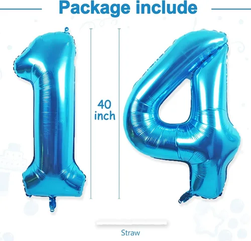 Miniatura 3 de Globos gigantes de papel aluminio azul con el número 14, globos gigantes de helio del número 14 o 41 para decoraciones de cumpleaños de 14 y 41 azul