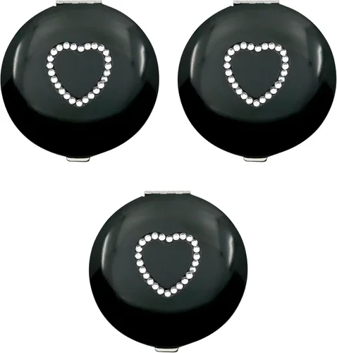 Stephanie Imports Juego de 3 espejos compactos delgados con aumento de doble cara en forma de corazón (negro con corazón de diamantes de imitación,