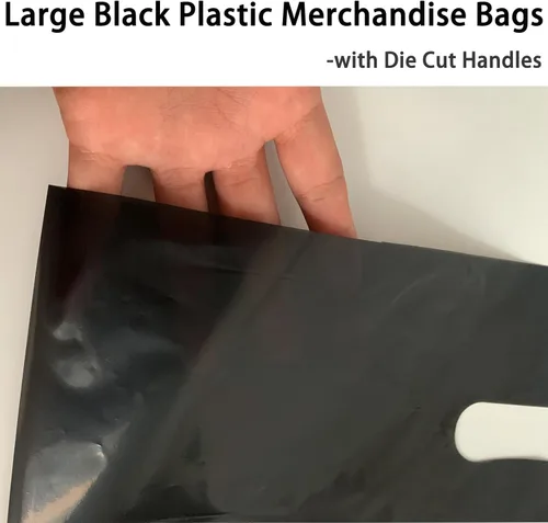 Miniatura 7 de Krodtige Paquete de 100 bolsas de compras negras de 16 x 18 x 2 mil de grosor con asas troqueladas, bolsa de plástico brillante, perfectas