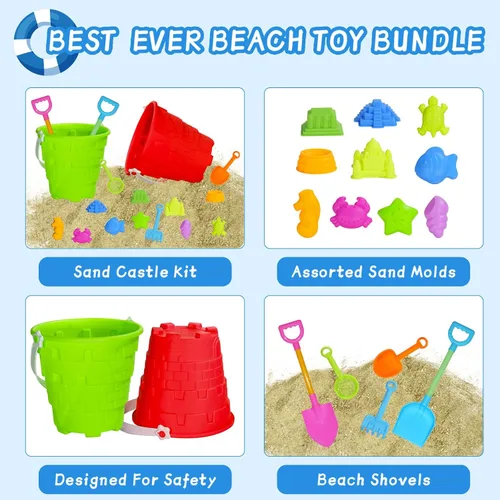 Miniatura 4 de Juego de 17 juguetes de playa para niños, incluye cubo, moldes, pala, rastrillo, tamiz y juguetes de castillo, cubo de arena y pala para niños