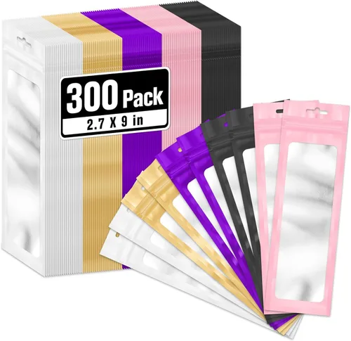 ANZNKU 300 bolsas para bolígrafos, bolsas de Mylar resellables multicolor de 2.7 x 9 pulgadas, bolsas de embalaje con ventana transparente