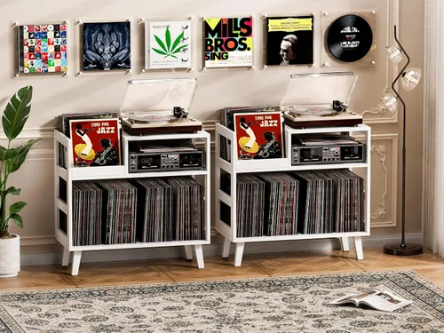 Miniatura 7 de Soporte para tocadiscos con almacenamiento de vinilo, moderno soporte para tocadiscos de mediados de siglo con capacidad para más de 150 álbumes