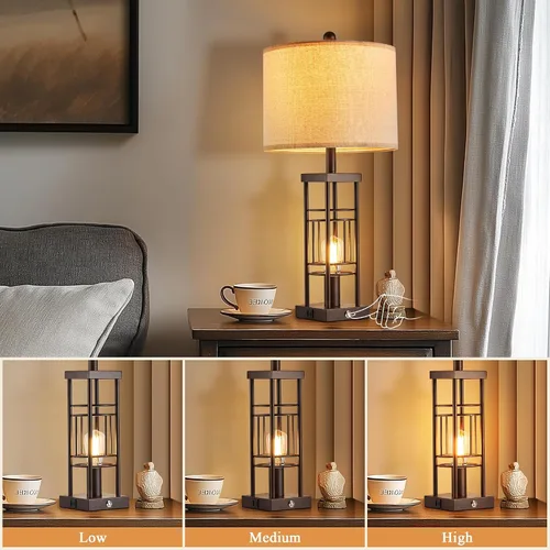 Miniatura 2 de Reaketon Juego de 2 lámparas de mesa para sala de estar con puertos de carga USB, lámparas de estilo granja regulables de 3 vías de 70 cm