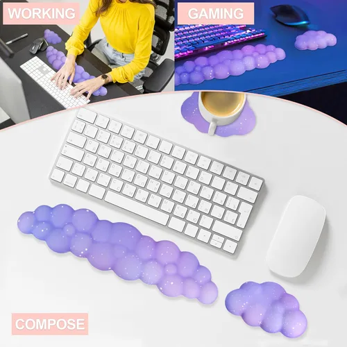 Miniatura 6 de Set de reposamuñecas Cloud para teclado y mouse, incluye bonito portavasos, para computadoras y laptops (Set Estrella Púrpura)
