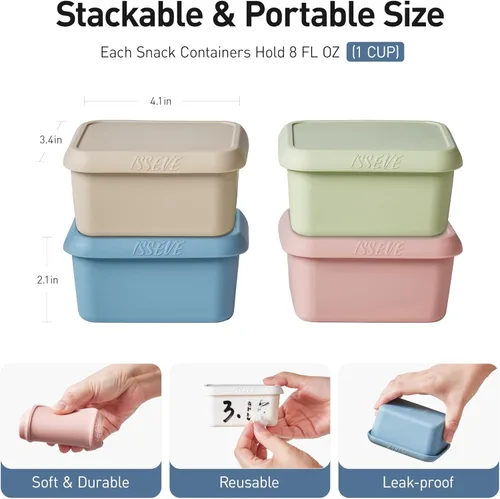 Miniatura 2 de ISSEVE Contenedores de aperitivos de silicona de 8oz para niños, 1 taza de contenedores pequeños reutilizables con tapas, contenedores