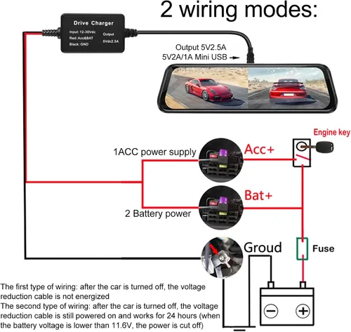 Miniatura 3 de Acouto Kit de cable rígido para cámara de salpicadero, cable de alimentación de 12 V a 28 V a 5 V, adaptador USB, sobrecalentamiento para cámara