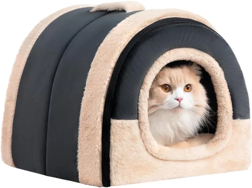 Miniatura 11 de Hollypet Cama para gatos autocalentable para gatitos, cabaña, nido de mascotas, cama para dormir para gatos de interior, amarillo, cueva de piña