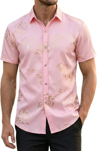Miniatura 13 de ZEROYAA - Camisas de vestir de manga corta con estampado de rosa dorada para hombre, estilo hipster, calce ajustado, con botones