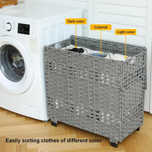 Miniatura 5 de OIAHOMY Cesta de ropa sucia con tapa, cesta de ropa de 140L con 3 bolsas extraíbles con forro, cesta plegable con tapa, cesta de mimbre sintético