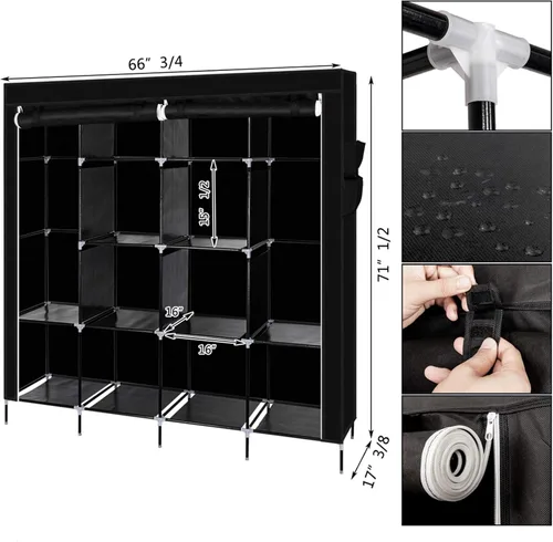 Miniatura 6 de Armario portátil para armario, organizador de almacenamiento con estantes y cubierta para colgar ropa, tela no tejida, fácil montaje (negro-4)