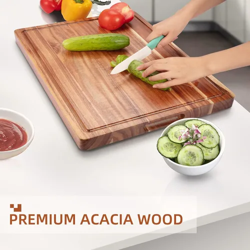 Miniatura 4 de Grandes tablas de cortar de madera de acacia para cocina, tabla de cortar de madera extra grande de 24 x 18 pulgadas con ranura para jugo, tabla