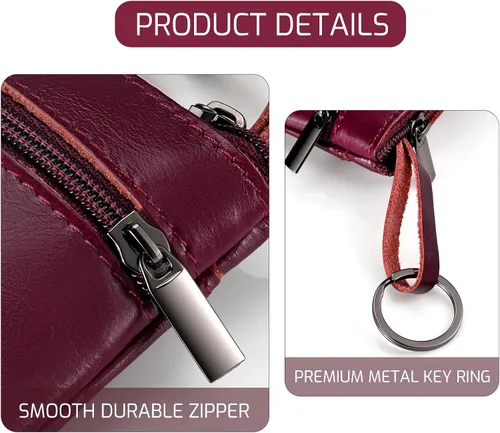 Miniatura 5 de Monedero de cuero genuino con triple cremallera para tarjetero con llavero, Rojo vino, Monedero