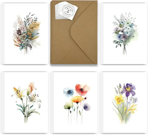 25 tarjetas de felicitación de flores de acuarela para todas las ocasiones en blanco con sobres