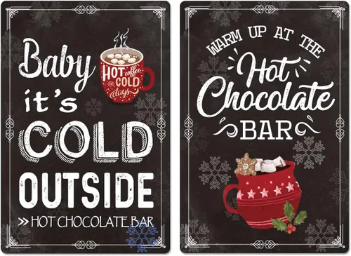 2 carteles de barra de chocolate caliente para decoración navideña de Navidad, letrero de metal vintage, letrero de hojalata retro, colgador de
