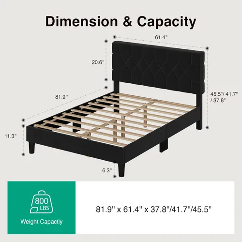 Miniatura 2 de Novilla - Base de cama Queen con cabecero, base de cama tamaño Queen con soporte de listones de madera, cabecero tapizado de terciopelo con puntos