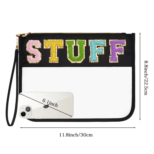 Miniatura 2 de Bolsa transparente con letras de chenilla, bolsa transparente con cremallera para viajes, bolsa de cosméticos transparente de PVC, bolsa portátil